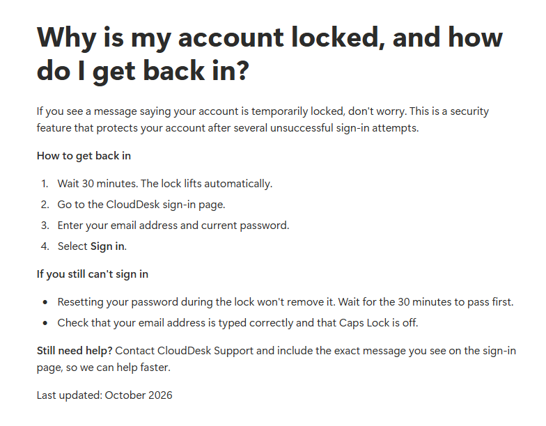 CloudDesk Help Center sample article titled Why is my account locked, and how do I get back in? with numbered recovery steps