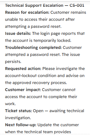 Technical support escalation note