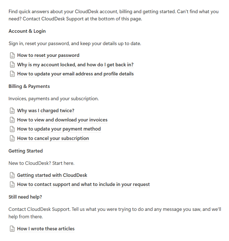 CloudDesk Help Center home showing the Account & Login, Billing & Payments, Getting Started and Still need help? article lists