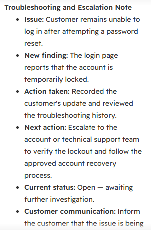 Troubleshooting and escalation note