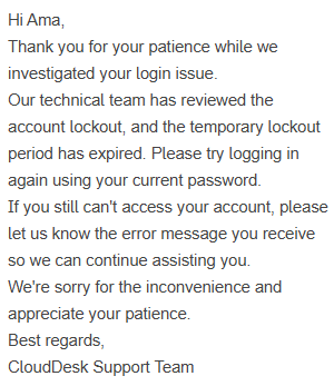 Email update to customer