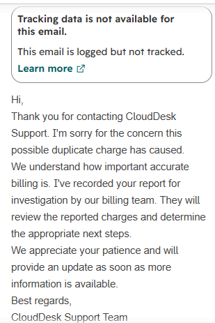 Initial response as logged in HubSpot