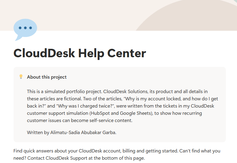 CloudDesk Help Center header with the About this project note explaining the portfolio context
