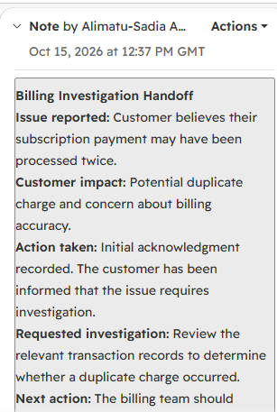 Billing investigation handoff note