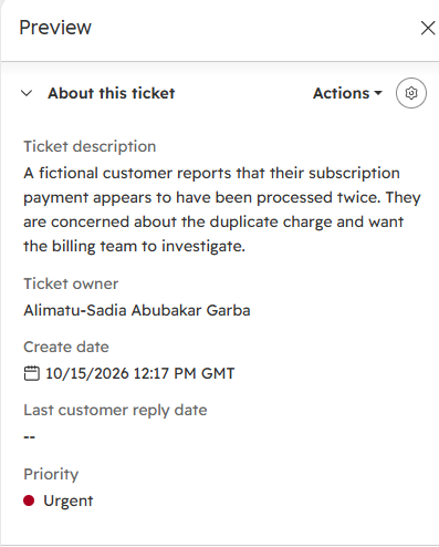 Ticket details and Urgent priority